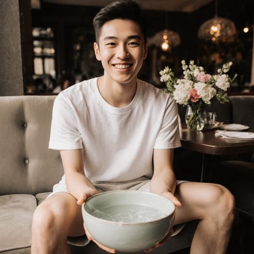 아늑한 소파에 앉아 손을 씻기 위해 물이 담긴 작은 그릇을 바라보며 귀여운 미소를 짓고 있는 30대 백인 남성의 반신 사진입니다. 배경은 꽃으로 장식된 테이블이 있는 따뜻한 카페 환경으로, 친근하고 초대하는 듯한 분위기를 연출합니다.