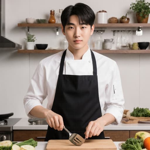 10대 초반의 동양인 남성이 편안한 주방용 셔츠와 앞치마를 입고 자신감 넘치는 모습으로 조리 도구를 다루고 있습니다. 현대적인 주방 작업대를 배경으로 다양한 조리 도구와 신선한 식재료가 정돈되어 있어, 우아함과 요리 전문성을 동시에 드러냅니다.