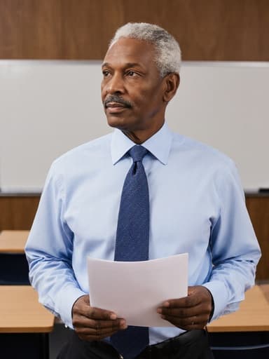 60대 아프리카계 남성이 깔끔한 셔츠와 넥타이를 착용하고, 프레젠테이션 자료를 손에 들고 청중과 소통하는 모습입니다. 강의실의 흰색 칠판과 책상이 배경을 이루며 학문적인 분위기를 강조합니다.