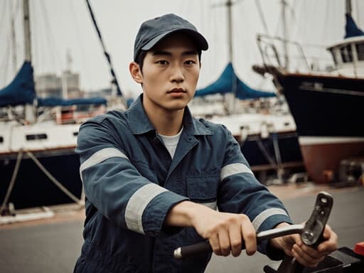 세련된 표정을 지은 10대 초반 아시아계 남성이 어선 정비를 위한 작업복과 모자를 착용하고 반신을 촬영한 모습입니다. 그는 어선 정비 도구를 사용하며 스트레칭하는 자세를 취하고 있으며, 자신감 넘치는 모습이 돋보입니다. 배경은 어선 수리가 진행되고 있는 활기찬 항구로 구성되어 있어 해양 작업의 주제를 강조하고 있습니다.
