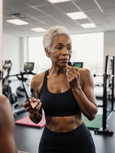 60대 아프리카계 여성이 현대적이고 밝은 피트니스 공간에서 반신 촬영된 모습입니다. 그녀는 피트니스 트레이닝에 적합한 편안한 운동복을 입고 자연스러운 외모를 가지고 있습니다. 매력적인 표정을 지으며 거울 앞에서 화장품을 들고 화장하는 자세를 취하고 있습니다. 배경에는 다양한 운동 기구와 매트가 배치되어 있어 웰빙과 자기 관리를 강조하는 초대하는 분위기를 만들어냅니다.