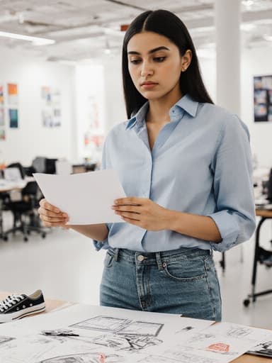 현대적인 의상을 입은 10대 후반의 라틴계 여성의 반신 사진으로, 디자인 스케치를 들고 집중하고 있는 차가운 표정을 짓고 있는 모습이 현대적인 디자인 스튜디오에서 다양한 샘플들과 함께 담겨 있습니다.