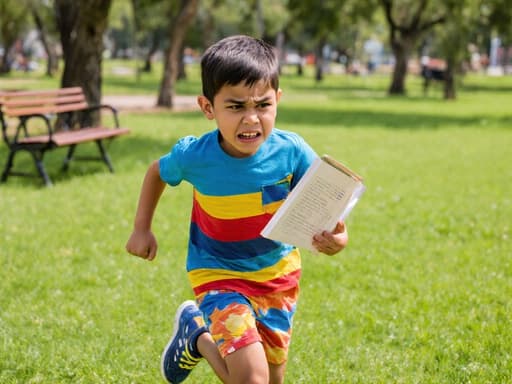 밝은 색상의 티셔츠와 반바지를 입은 7세 라틴계 남성이 책을 한 손에 쥐고 달리며 짜증난 표정을 짓고 있는 모습을 담은 생동감 넘치는 반신 촬영입니다. 배경에는 푸른 잔디가 깔린 공원과 나무, 벤치가 보입니다.
