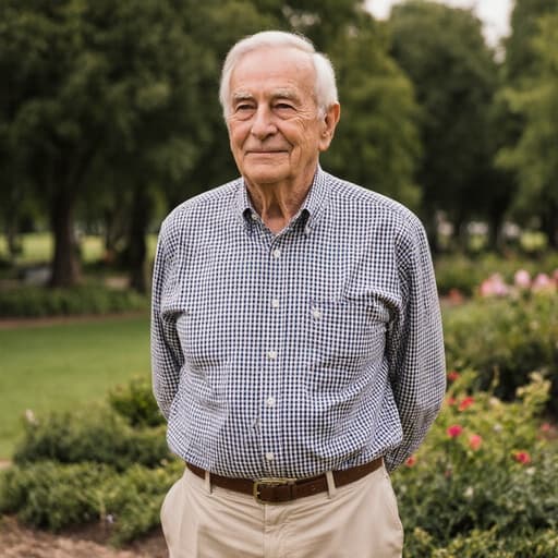 80대 백인 남성이 편안한 체크무늬 셔츠와 면바지를 입고 아름다운 정원 공원에서 만족스러운 표정을 지으며 전통 음식을 만들기 위해 기다리고 있는 반신 샷.