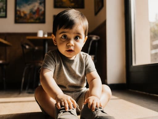 따뜻하고 아늑한 카페 바닥에 앉아 있는 귀여운 1세 남자 아기, 중동계 외모를 가진 아기가 가까이에서 촬영된 모습입니다. 그는 편안한 티셔츠와 짧은 바지를 입고 있으며, 무서운 표정을 지으며 크게 뜬 눈이 놀라움을 표현하고 있습니다. 작은 손으로 신발을 잡고 신으려는 자세를 취하고 있습니다. 배경은 벽에 걸린 그림이 있는 아늑한 카페 내부로, 창문을 통해 햇살이 비추어 밝고 즐거운 분위기를 만들어냅니다.
