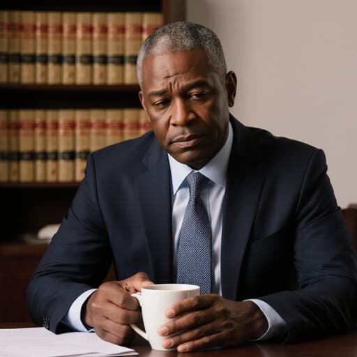 50대 흑인 남성이 정장을 입고 넥타이를 매고 있는 반신상 사진입니다. 그는 피곤한 표정을 지으며 약간의 스트레스를 느끼고 있습니다. 한 손에는 커피를 들고 다른 손은 테이블 위에 올려놓고 있어 자연스럽게 환경과 상호작용하고 있습니다. 배경에는 다양한 법률 서적이 진열된 법률 사무소의 책장이 있어 그의 전문적인 환경을 강조합니다. 자연스러운 조명이 장면을 보완하여 남성의 특징과 의상을 부각시키며, 헌신적인 전문가의 작업 공간의 분위기를 강화합니다.