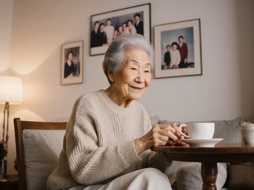 80대 한국인 여성의 반신 사진으로, 아늑한 거실 테이블에 앉아 차를 들고 지혜로운 표정과 따뜻한 미소를 짓고 있습니다. 편안한 니트 스웨터와 면 바지를 입고 있으며, 가족 사진과 부드러운 조명이 있는 배경이 따뜻한 분위기를 연출합니다.