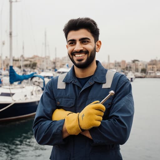 20대 중동계 남성이 어선 정비에 적합한 작업복을 입고 작업 도구를 들고 미소 짓고 있는 반신 샷. 배경에는 어선이 정박해 있는 아름다운 항구가 보이며, 그의 열정과 해양 산업에 대한 미래의 포부를 반영합니다.