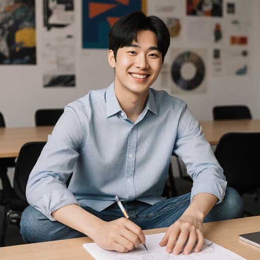 젊은 아시아계 남성 모델이 현대적인 회의실에서 크로스 레그로 앉아 디자인 프로젝트를 진행하며 미소를 짓고 있습니다. 그는 캐주얼한 셔츠와 청바지를 입고 편안하면서도 집중된 분위기를 자아내고 있습니다. 벽에는 다양한 디자인 자료가 장식되어 있어 창의적인 작업 공간의 분위기를 더합니다.