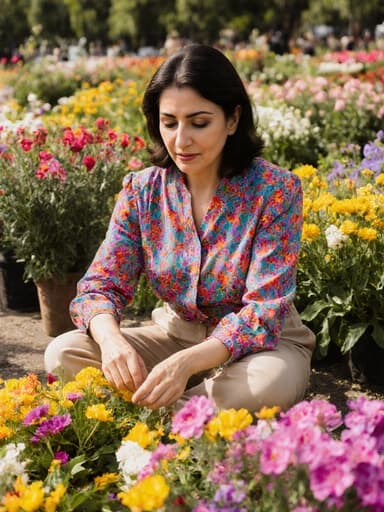 40대 중동계 여성이 화사한 꽃무늬 블라우스와 편안한 바지를 입고 바닥에 앉아 꽃을 정리하며 꽃다발을 들고 있습니다. 자신감이 넘치는 고급스러운 표정을 지으며, 화사한 꽃들로 가득한 공원의 배경 속에서 자연의 아름다움과 즐거움을 전하고 있습니다.