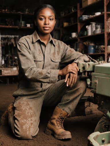 10대 후반의 흑인 여성이 농장 작업 공간에서 농기계를 자신감 있게 조작하고 있으며, 약간 더러운 작업복과 튼튼한 장화를 착용하고 있습니다. 그녀의 표정은 세련됨과 성취감을 드러내며, 다양한 농기계와 도구들이 배경에 놓여 있어 농업 환경과의 연관성이 강조됩니다.