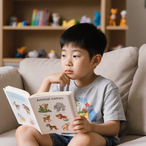 불안한 표정을 지으며 동물 이름을 배우고 있는 7세 아시아계 남성의 반신 이미지. 그는 한 손으로 책을 들고, 다른 손으로 턱을 괸 채 집중하고 있습니다. 편안한 티셔츠와 반바지를 입고 있으며, 책장과 장난감으로 가득한 아늑한 거실 배경 속에서 따뜻한 분위기를 자아냅니다.