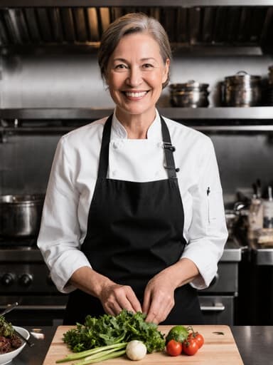 50대 혼혈 여성의 반신 사진으로, 셰프 유니폼과 앞치마를 착용하고 밝게 웃으며 자신감 있는 모습으로 고급 레스토랑 주방 작업대에 서서 신선한 재료를 들고 있는 모습. 주방은 다양한 주방 기기와 잘 정리된 재료들로 가득 차 있습니다.