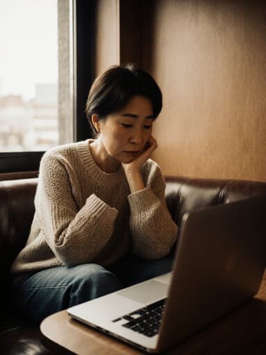 아늑한 카페에서 니트 스웨터와 청바지를 입은 40대 아시아계 여성이 손으로 턱을 괴고 노트북을 바라보며 차분하면서도 슬픈 표정을 짓고 있는 모습. 따뜻한 조명이 그녀를 감싸고 있다.