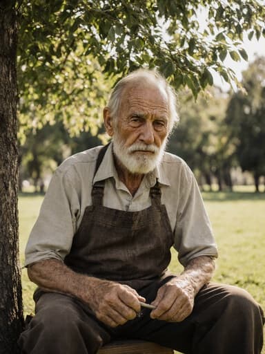 80대의 백인 남성의 반신 사진으로, 깊은 주름과 자연스러운 외모가 드러나 있습니다. 그는 전통적인 공예 작업을 상징하는 간편한 작업복을 착용하고 있습니다. 슬픈 표정을 지으며 과거를 회상하는 듯한 모습입니다. 그는 손에 공예 도구를 쥐고, 잔디밭이 펼쳐진 공원에서 나무 그늘 아래 앉아 기다리고 있습니다. 전체적인 설정은 공예의 본질과 고요한 자연 환경을 결합한 반성의 순간을 포착합니다.