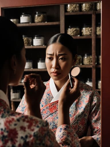 30대 아프리카계 여성의 반신 사진으로, 자연스러운 외모를 가진 그녀는 전통 한복 스타일의 의상을 입고 있습니다. 거울을 보며 불만스러운 표정을 짓고 화장하는 모습이 한약 재제실의 배경 속에 있는 한약 재료들과 함께 담겨 있습니다. 이 이미지는 문화적 전통과 개인의 정체성이 교차하는 순간을 포착합니다.