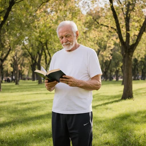 70대 백인 남성이 편안한 티셔츠와 운동 바지를 입고, 만족스러운 표정을 지으며 책을 읽다가 스트레칭하는 자세를 취한 반신 촬영입니다. 아름다운 나무와 푸른 잔디가 있는 공원이 배경으로, 평화로운 분위기를 연출하고 있습니다.