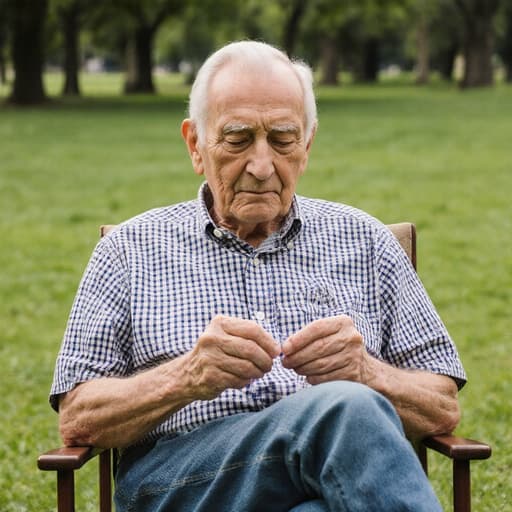 80대의 유럽계 남성이 편안한 체크무늬 셔츠와 청바지를 입고 공원에 앉아 있는 반신 사진으로, 바느질 키트를 무릎에 두고 무관심한 표정으로 바느질에 집중하지 않고 있습니다. 푸른 잔디와 나무가 있는 배경이 평화로운 분위기를 만들어냅니다.