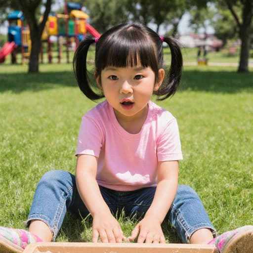 햇살이 비치는 공원에서 작은 모래놀이 세트를 가지고 노는 7세 동양인 소녀의 사랑스러운 이미지입니다. 그녀는 분홍색 티셔츠와 청바지를 입고, 배고픈 표정을 지으며 눈이 반짝이고 입을 오므리고 있습니다. 푸른 잔디와 멀리 나무들이 어우러진 생동감 넘치는 배경이 인상적입니다.