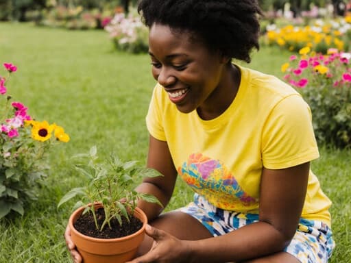 10대 초반의 아프리카계 소녀가 화사한 티셔츠와 반바지를 입고, 공원에서 테이블에 앉아 식물 화분을 들고 미소를 지으며 밝고 생기 넘치는 분위기를 전달하고 있습니다.
