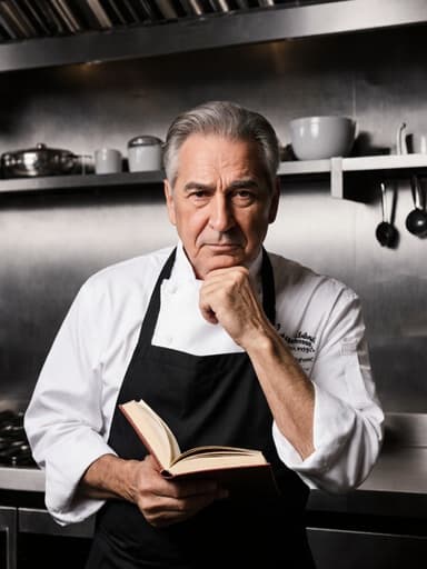 50대 라틴계 남성이 흰색 요리사 복과 검정색 앞치마를 입고 잘 정돈된 주방에서 반신 상으로 촬영되었습니다. 그는 스트레스를 받은 표정으로 눈썹을 찌푸리고 입술을 다물고 있으며, 한 손으로 요리책을 들고 다른 손으로 턱을 괴고 있어 셰프의 삶의 도전을 전달하고 있습니다.
