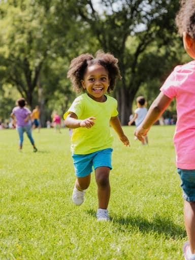 이 이미지는 밝은 티셔츠와 반바지를 입고 있는 3세 흑인 여아가 숨바꼭질을 하며 친구들에게 다가가며 즐겁게 달리고 있는 모습을 담고 있습니다. 배경에는 푸른 잔디와 나무, 다른 아이들이 놀고 있는 공원이 있어 활기찬 분위기를 더해줍니다.