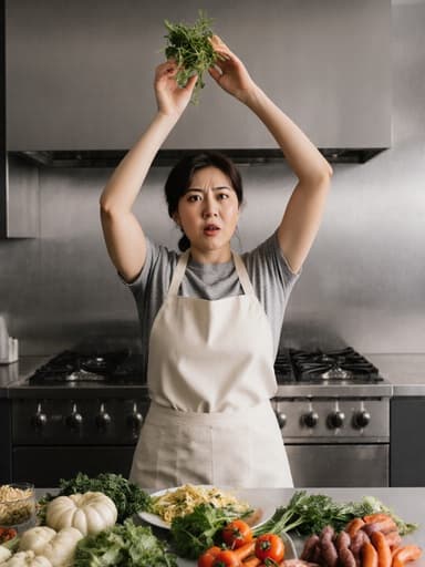 30대 한국인 여성이 편안한 요리복과 앞치마를 착용하고 화난 표정으로 점프하며 주방에서 재료를 준비하는 모습의 풀 바디 샷. 세련된 주방 조리대 위에 다양한 재료들이 놓여 있다.