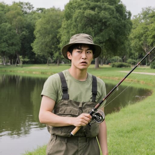 20대 동양인 남성이 낚시복과 모자를 착용하고 있으며, 분노한 표정을 지으며 반신 촬영한 모습입니다. 그는 낚싯대를 들고 기다리는 자세를 취하고 있고, 호수 옆의 평화로운 공원 배경과 함께 나무와 푸른 풀들이 둘러싸여 있습니다.