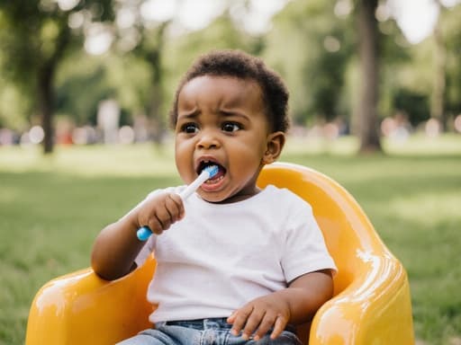 밝은 색상의 아기용 의자에 앉아 있는 1살 남자 흑인 아기, 칫솔로 이를 닦으며 짜증난 표정을 짓고 있는 모습의 반신 사진. 공원 배경이 장면에 활기찬 느낌을 더합니다.