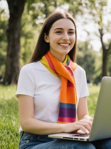 20대 유럽계 여성이 편안한 티셔츠와 청바지를 입고 밝은 색상의 스카프를 두른 채로 평화로운 공원에서 앉아 있습니다. 그녀는 노트북을 들고 있으며, 즐거운 표정으로 자연의 아름다움과 함께 일에 집중하는 모습입니다.
