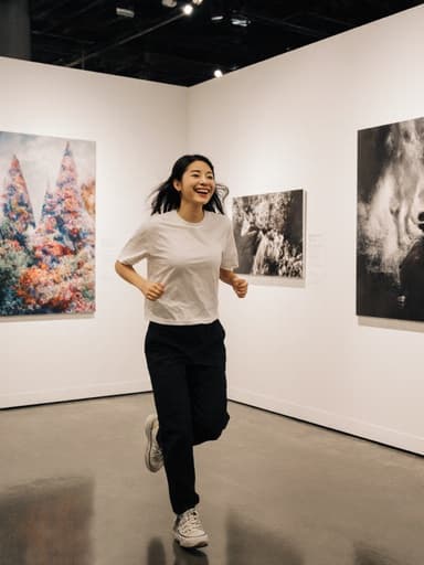20대 동양인 여성이 편안한 티셔츠와 운동화를 입고, 다양한 매력적인 작품들로 가득한 사진 전시회에서 미소를 지으며 달려가는 모습. 사진관 내부의 조명이 부드럽게 비추며 창의적이고 영감을 주는 분위기를 자아냅니다.