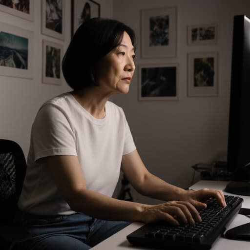 40대 아시아계 여성의 반신 사진으로, 편안한 티셔츠와 청바지를 착용하고 있다. 그녀는 생각에 잠긴 표정을 지으며 컴퓨터 화면에 집중하고 있으며, 손가락으로 키보드를 부드럽게 눌러 작업하고 있다. 배경에는 여러 사진 작품이 걸린 어두운 조명의 사진 작업실이 있어 그녀의 기분과 잘 어우러진 창의적이고 차분한 분위기를 만든다.