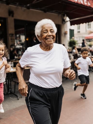이 이미지는 편안한 티셔츠와 운동용 바지를 입고 있는 70세 흑인 여성과 함께 야외 카페 테라스에서 가족과 즐겁게 달리고 있는 모습을 담고 있습니다. 피곤한 표정을 짓고 있지만 가족과 함께한 즐거운 순간들을 떠올리며 미소를 지으려 합니다. 배경은 푸르른 식물이 가득한 아늑한 카페 환경을 보여주며 따뜻하고 초대하는 분위기를 연출하고 있습니다.