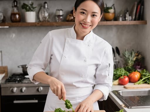 20대 백인 여성이 깔끔한 흰색 요리사 복장과 앞치마를 입고, 손에 신선한 재료를 들고 미소를 지으며 요리하는 모습입니다. 아늑한 주방 배경과 조리대 위의 생기 넘치는 재료들이 요리의 창의적인 분위기를 더해줍니다.