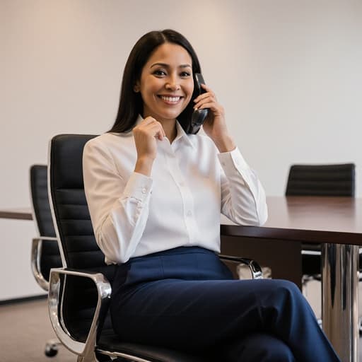 40대 혼혈 여성의 반신 샷으로, 자연스러운 외모를 가지고 있으며, 모던한 회의실에 크로스 레그로 앉아 있습니다. 그녀는 블라우스와 슬랙스로 구성된 세련된 비즈니스 캐주얼 의상을 착용하고 있습니다. 긍정적인 표정을 지으며 전화기를 손에 들고 미소를 짓고 있습니다. 배경은 세련된 회의용 테이블과 의자가 배치되어 있어, 그녀의 자신감 있는 태도를 잘 드러내는 전문적이면서도 초대하는 분위기를 강조합니다.