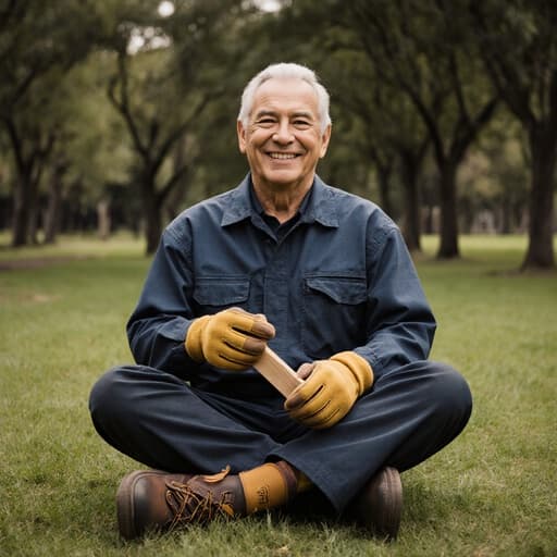 60대 혼혈 남성이 작업복을 입고 평화로운 공원에서 교차로 앉아 나무 조각을 들고 있는 반신 사진. 자연스러운 미소를 지으며 자연과의 조화를 나타냅니다.