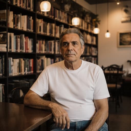 40대 라틴계 남성이 자연스러운 외모로 편안한 티셔츠와 청바지를 입고 카페 테이블에 팔을 올리고 있는 모습을 반신촬영으로 담고 있습니다. 그는 약간의 지루한 표정을 지으며 피곤함이 느껴지며, 전통 치료법에 관한 책들로 가득한 카페 내부에서 촬영되었습니다. 따뜻한 카페 인테리어는 아늑한 분위기를 더하며 부드러운 자연광이 비추고 있습니다.