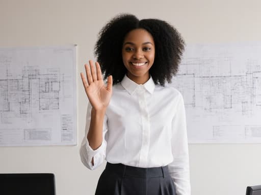 세련된 블라우스와 슬랙스를 착용한 10대 후반 아프리카계 여성의 반신 사진. 평온한 표정으로 미소를 지으며 손을 흔들며 인사하는 자세를 취하고 있다. 그녀는 모던한 사무실 내부에 서 있으며, 벽에는 건축 설계도가 걸려 있어 전문적인 분위기를 자아낸다. 자연스러운 조명이 그녀의 차분한 태도와 세련된 분위기를 강조한다.