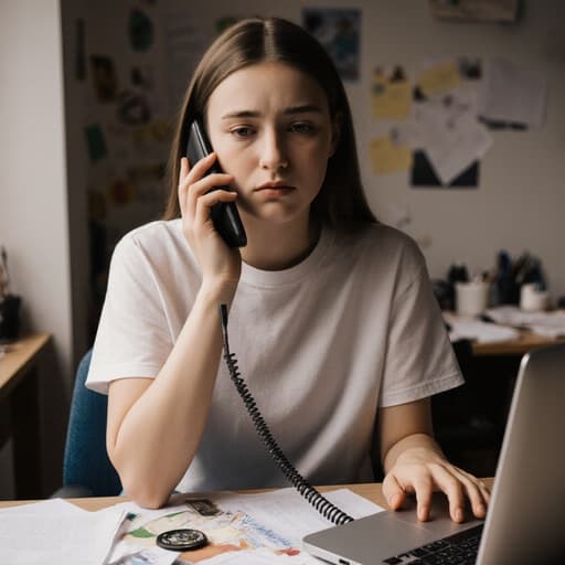 자연스러운 외모를 가진 10대 초반의 유럽계 소녀가 전화 통화 중 지루한 표정을 지으며 캐주얼한 티셔츠와 청바지를 착용하고 있습니다. 그녀는 한 손으로 전화를 귀에 대고, 다른 손은 책상 위에 있는 노트북과 흩어진 서류 위에 올려놓고 있으며, 아늑한 집 안의 사무실 환경에서 촬영되었습니다.