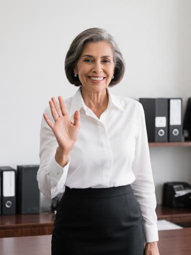 자신감 있는 세련된 라틴계 여성, 60대, 정장 스타일의 블라우스와 스커트를 착용하고 반신 사진으로 촬영되었습니다. 그녀는 손을 가볍게 흔들며 친근하게 인사하는 포즈를 취하고 있으며, 세련된 표정을 지니고 있습니다. 배경은 깔끔하고 전문적인 법무사무실 환경으로, 그녀의 품위 있는 태도를 강조합니다. 자연스러운 조명이 그녀의 의상과 전문적인 환경의 세련된 색감을 더욱 돋보이게 하여 매력적인 분위기를 연출합니다.
