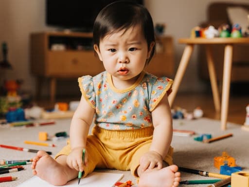 밝고 편안한 아기 옷을 입은 1세 한국인 여아가 아늑한 거실 바닥에 앉아 있습니다. 그녀는 짜증난 표정을 지으며 작은 입술을 삐죽거리며 주위에 흩어져 있는 그림 도구와 장난감들과 상호작용하고 있습니다.