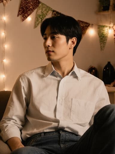 30대 동양인 남성이 캐주얼한 셔츠와 청바지를 입고 자연스러운 외모를 가진 반신 사진입니다. 그는 자유로운 표정으로 기대감을 나타내며 아늑한 조명이 비치는 다양한 장식들이 있는 파티룸에서 편안하게 앉아 있습니다.