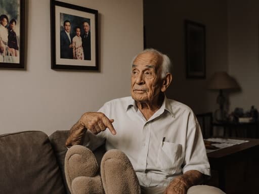 70대의 라틴계 남성이 아늑한 거실에 앉아 있으며, 편안한 셔츠와 바지를 입고 슬리퍼를 신고 있습니다. 그는 가족사진을 바라보며 불편한 표정을 지으며 한 손으로 사진을 가리키고 있습니다. 따뜻한 배경에는 가족사진이 걸려 있고, 소파와 테이블이 배치되어 있어 아늑한 분위기를 자아냅니다.