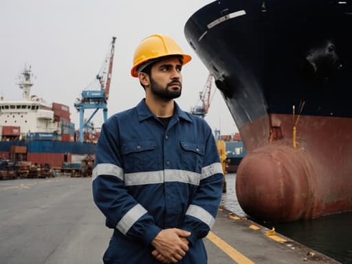 젊은 중동계 남성이 어선 정비를 위한 작업복과 안전모를 착용하고 반신 촬영된 모습입니다. 그는 불안한 표정을 지으며 주변을 바라보고 있으며, 손은 주머니에 넣고 있습니다. 배경에는 어선 정비가 이루어지는 항구의 분주한 풍경이 펼쳐져 있어 해양 작업의 본질을 잘 담고 있습니다.