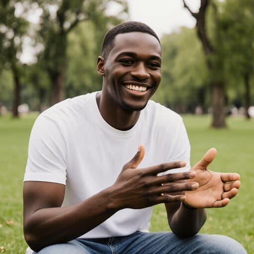 20대 아프리카계 남성이 편안한 티셔츠와 청바지를 입고 자신감 있는 미소를 지으며 대화에 참여하고 있습니다. 그의 손짓과 함께 아름다운 푸른 잔디와 나무가 펼쳐진 공원을 배경으로 하고 있습니다.