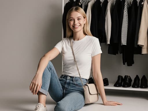 자연스러운 외모를 지닌 10대 후반의 백인 여성의 반신 촬영. 매력적인 미소를 지으며 캐주얼한 티셔츠와 슬림핏 청바지를 착용하고 스타일리시한 가방을 매치하고 있다. 그녀는 한쪽 다리를 살짝 들어올린 자세로 패셔너블한 신발을 신어 의상과 상호작용하고 있다. 배경에는 다양한 의류와 액세서리가 가득한 세련된 옷장이 있으며, 생동감 있고 스타일리시한 분위기를 연출하고 있다.