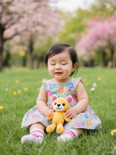 푸른 잔디가 깔린 공원에 앉아 있는 귀여운 1세 동양인 여자아이의 반신 사진. 밝은 색상의 아기 원피스와 양말을 입고 졸린 표정을 지으며 눈을 살짝 감고 인형을 품에 안고 있다. 배경은 푸르른 잔디와 나무, 화사한 꽃들로 가득 차 있어 평화롭고 즐거운 분위기를 자아낸다.