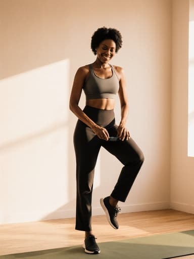 40대 아프리카계 여성이 편안한 요가복을 입고 요가 매트 위에 서 있다. 그녀는 한쪽 발을 우아하게 들어 신발을 신기 위해 준비하고 있으며, 자신감 넘치는 표정이 돋보인다. 배경의 밝고 편안한 요가 수업실은 차분한 분위기를 더해 주며, 이 장면을 차분하고 영감을 주는 모습으로 만들어준다.