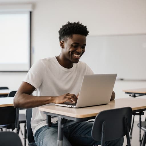 자연스러운 외모를 가진 10대 후반 아프리카계 남성이 현대적인 강의실 책상에 앉아 편안한 복장으로 컴퓨터 작업에 적극적으로 참여하는 모습을 담은 반신 샷입니다. 깨끗하고 현대적인 강의실 배경이 학습과 참여의 주제를 강조합니다.