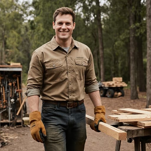 30대 백인 남성이 작업복과 안전화, 장갑을 착용하고 따뜻한 미소를 지으며 목재를 들고 자연이 어우러진 작업 공간을 걷고 있는 반신 사진. 주위에는 나무와 도구들이 배치되어 있어, 열심히 일하는 모습을 담고 있는 친근한 분위기를 연출하고 있습니다.